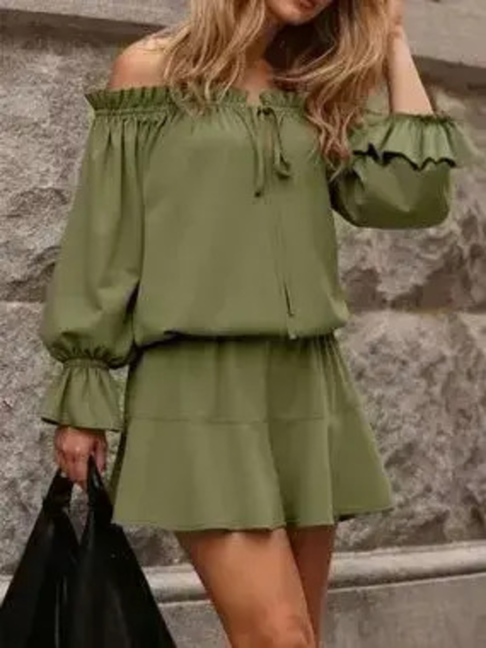 Off-Shoulder Long Sleeve Ruffle Mini Dress - Picture 3 of 6